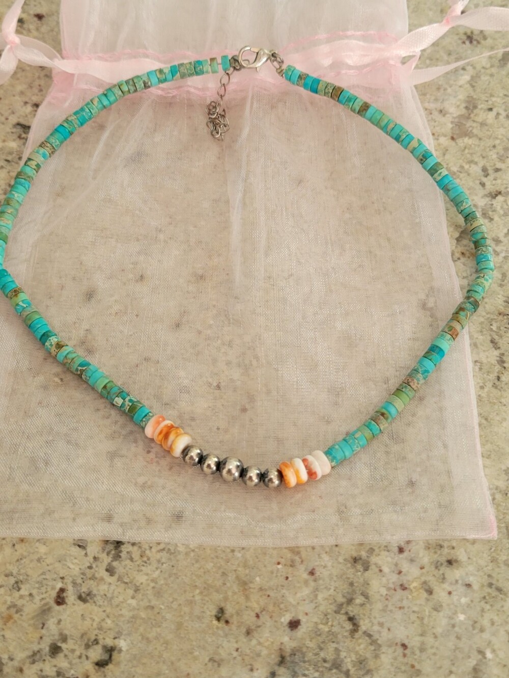 Turquoise Beaded  Necklace with Spiny Oyster Shell Accents Sterling Silver Beads